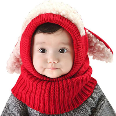 Unisex kışlık bebek şapkası kuzu figürlü kırmızı