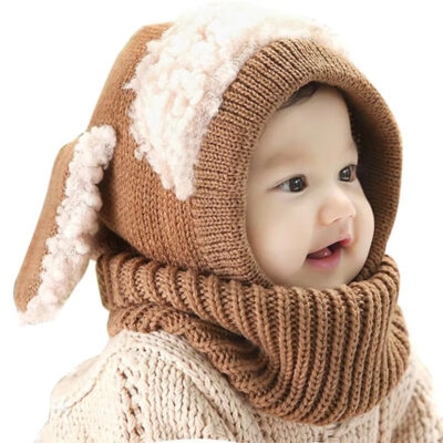 Unisex kışlık bebek şapkası kuzu figürlü Sütlü kahve